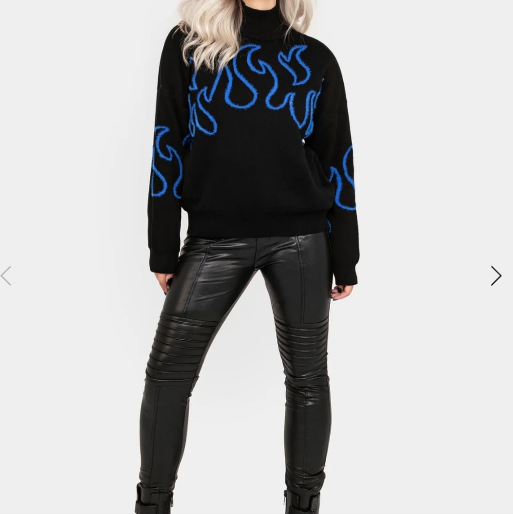 Disturbia Flame Sweater,Goth Sweater, Black Flame Sweater, Blue Flame - Picture 9 of 9